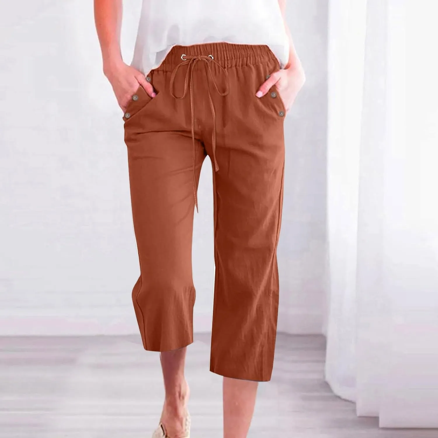 Womens Plus Size Capris Pants Cotton Linen Casual Summer Drawstring Elastic Waist Wide Leg Loose Cropped Solid Trouser