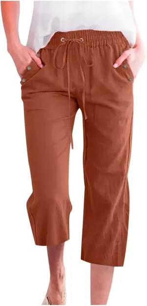 Womens Plus Size Capris Pants Cotton Linen Casual Summer Drawstring Elastic Waist Wide Leg Loose Cropped Solid Trouser