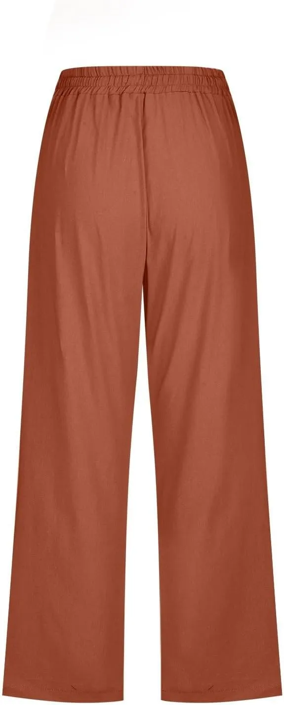 Womens Plus Size Capris Pants Cotton Linen Casual Summer Drawstring Elastic Waist Wide Leg Loose Cropped Solid Trouser