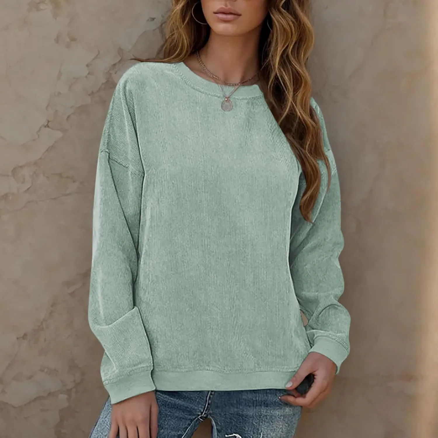 Women's Ribbed Casual Sweatshirts Crew Neck Hoodie Long Sleeve Pullover Top Y2K Loose Trendy Fall Clothes
