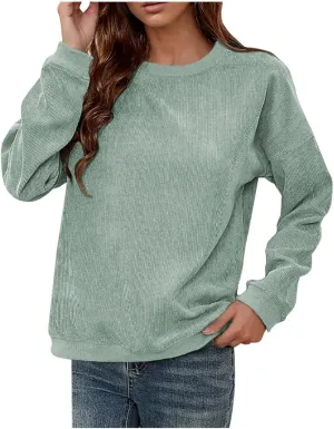 Women's Ribbed Casual Sweatshirts Crew Neck Hoodie Long Sleeve Pullover Top Y2K Loose Trendy Fall Clothes