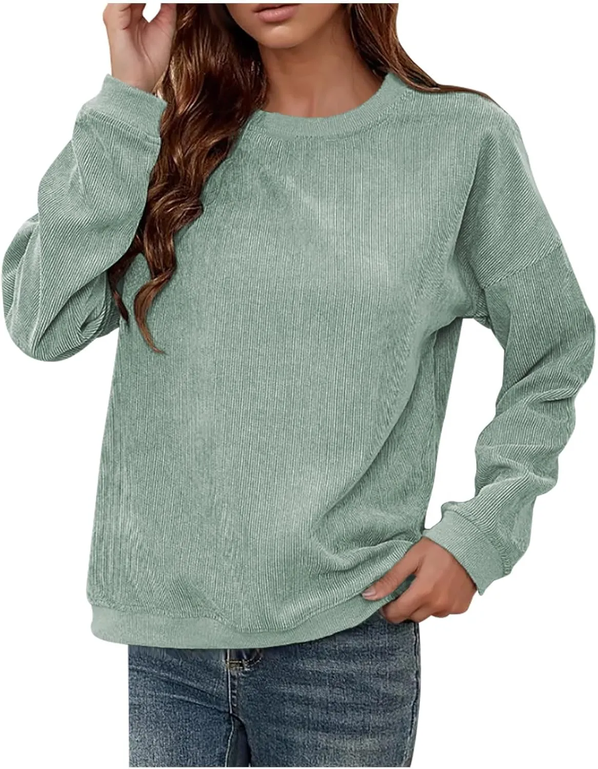Women's Ribbed Casual Sweatshirts Crew Neck Hoodie Long Sleeve Pullover Top Y2K Loose Trendy Fall Clothes