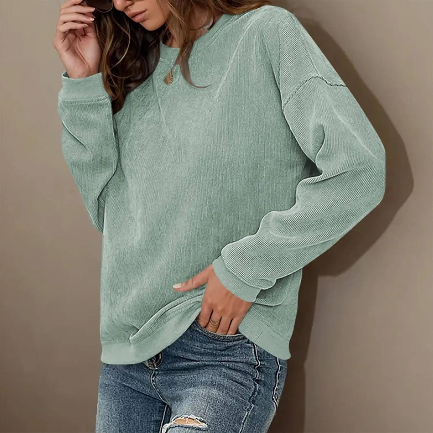 Women's Ribbed Casual Sweatshirts Crew Neck Hoodie Long Sleeve Pullover Top Y2K Loose Trendy Fall Clothes