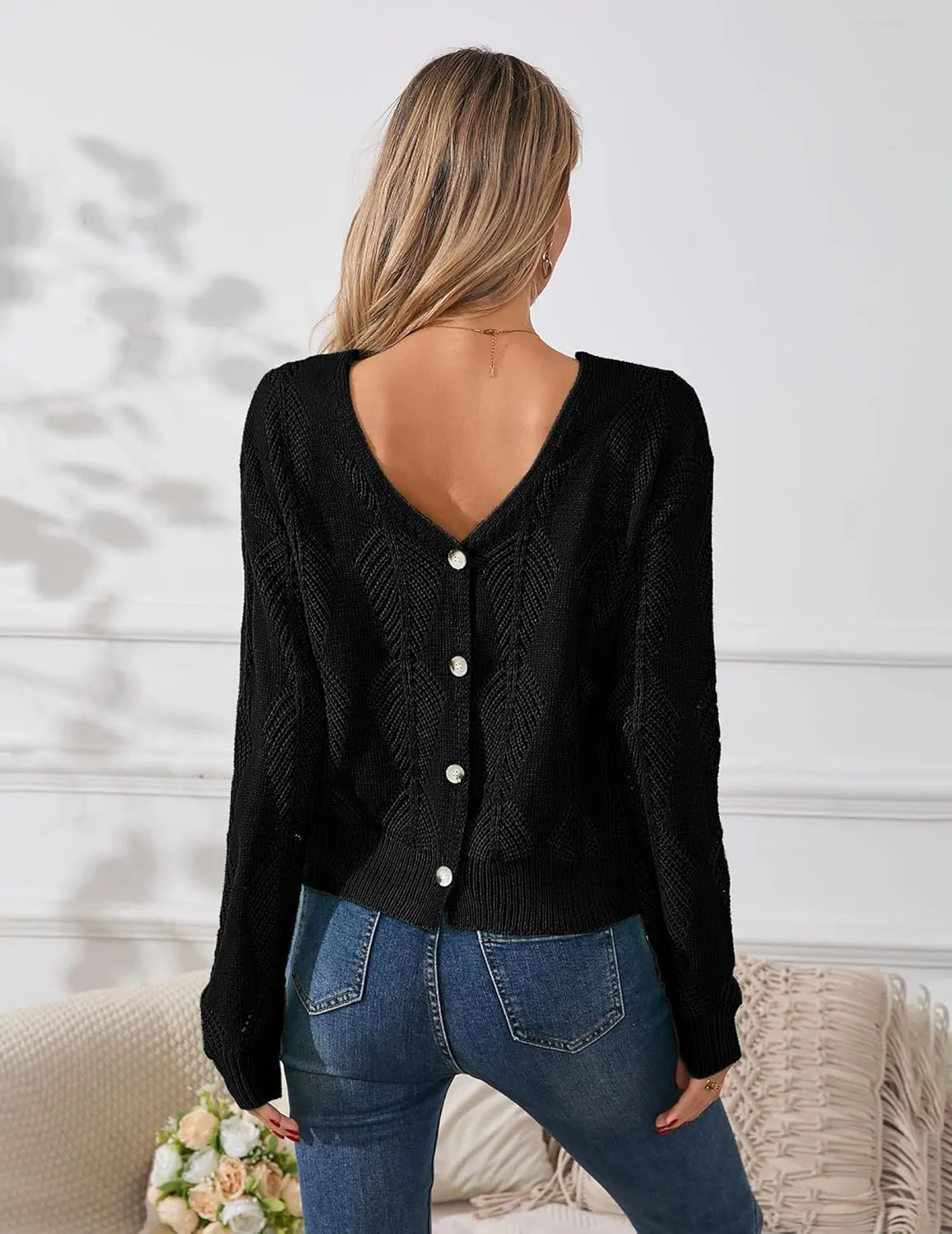Womens Sexy Off The Shoulder Sweater Spring 2025 Trendy Lightweight Cute Crochet Knit Hollow Out Button Cardigan