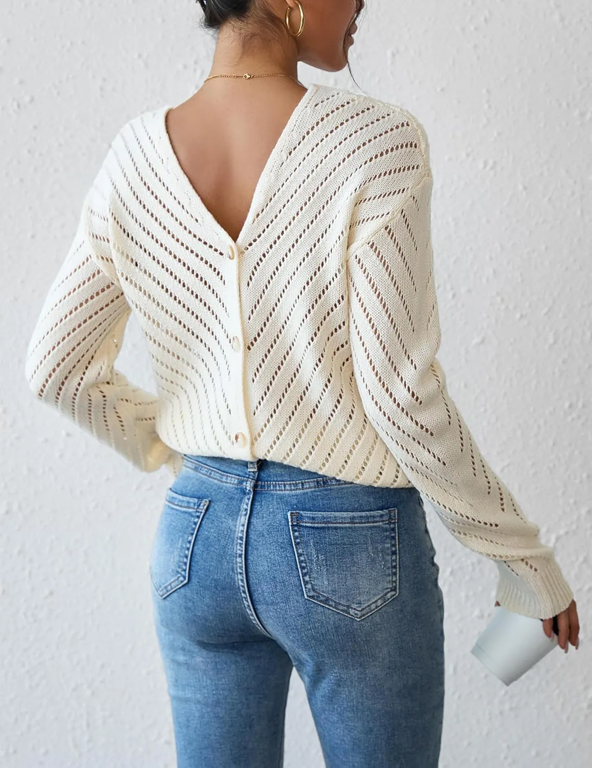 Womens Sexy Off The Shoulder Sweater Spring 2025 Trendy Lightweight Cute Crochet Knit Hollow Out Button Cardigan
