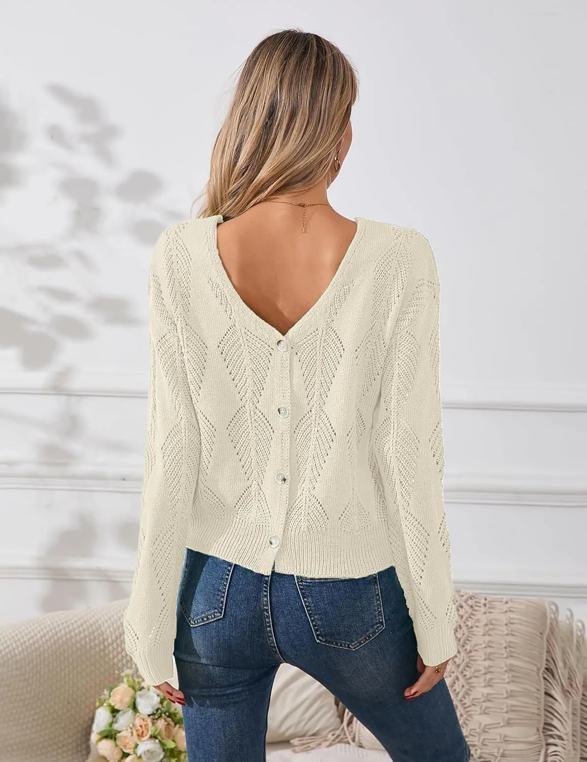 Womens Sexy Off The Shoulder Sweater Spring 2025 Trendy Lightweight Cute Crochet Knit Hollow Out Button Cardigan