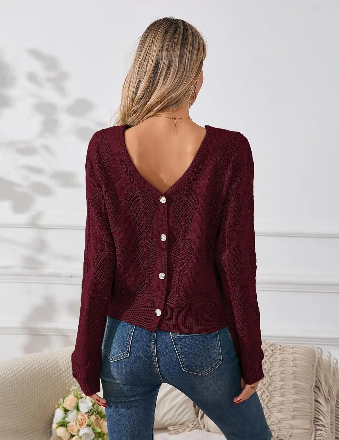 Womens Sexy Off The Shoulder Sweater Spring 2025 Trendy Lightweight Cute Crochet Knit Hollow Out Button Cardigan