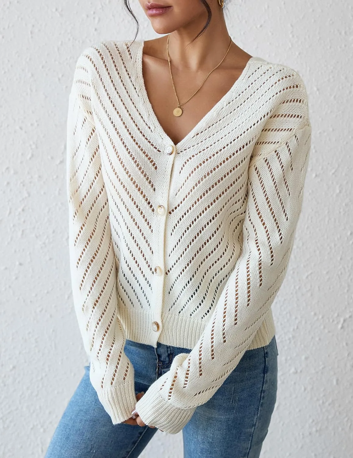 Womens Sexy Off The Shoulder Sweater Spring 2025 Trendy Lightweight Cute Crochet Knit Hollow Out Button Cardigan
