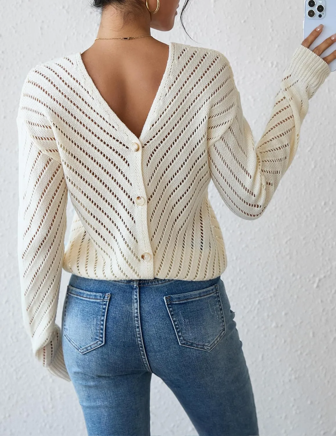 Womens Sexy Off The Shoulder Sweater Spring 2025 Trendy Lightweight Cute Crochet Knit Hollow Out Button Cardigan