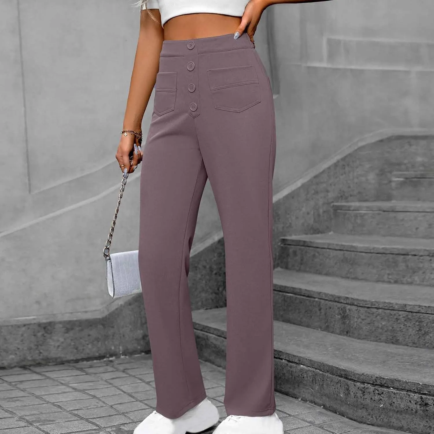 Women's Spring 2025 Pants Casual High Waist Straight Leg Pant Business Button Down Work Pants Trousers with Pockets