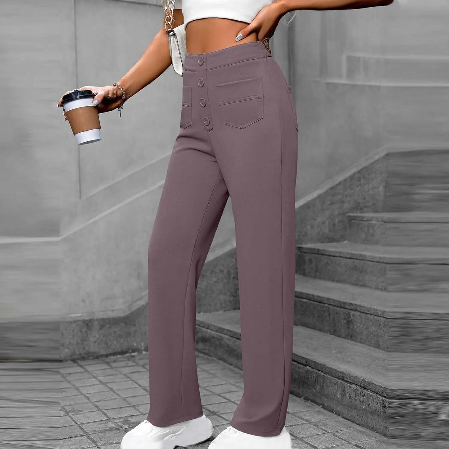 Women's Spring 2025 Pants Casual High Waist Straight Leg Pant Business Button Down Work Pants Trousers with Pockets