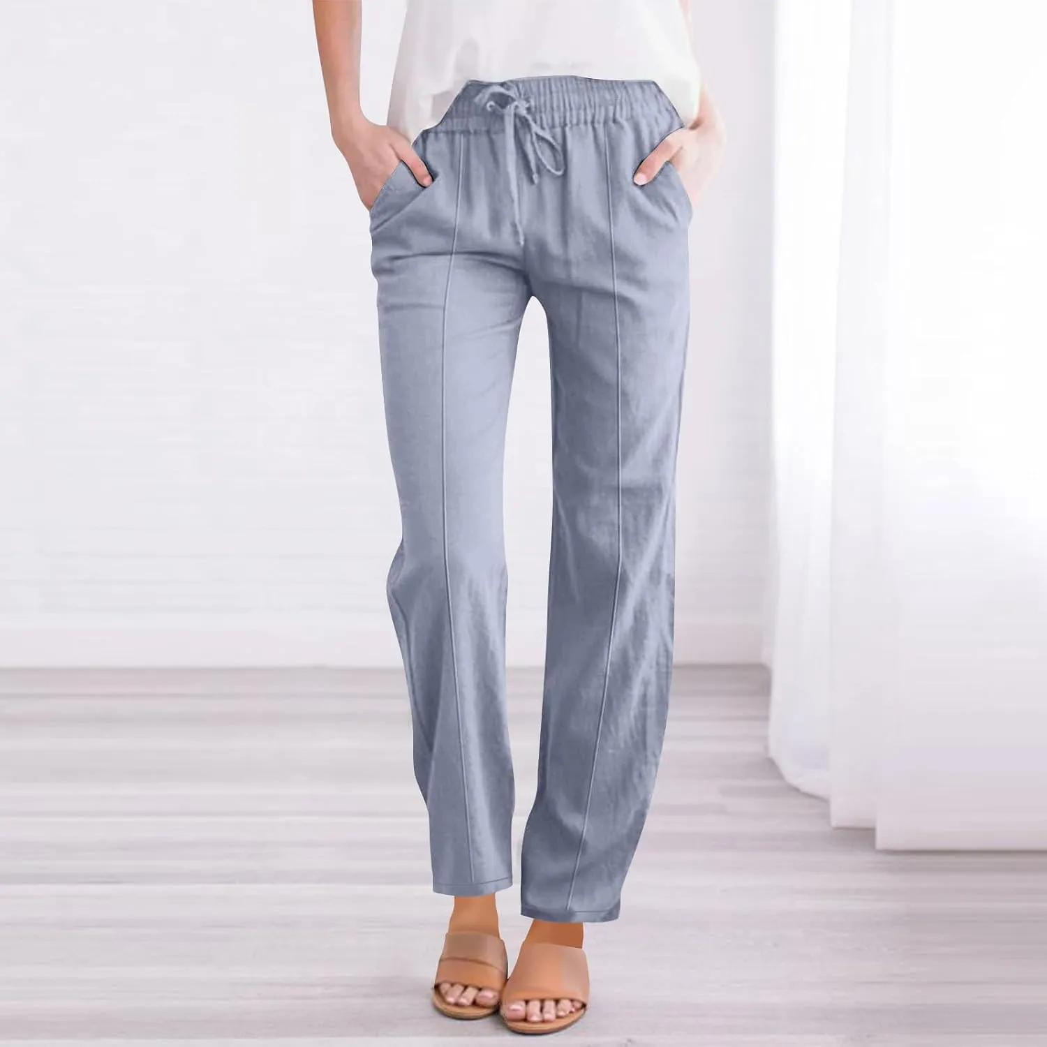 Women's Straight Leg Pants Cotton Linen Blend Casual Trousers with Tie Waist for Spring Solid Color High Waist 2025