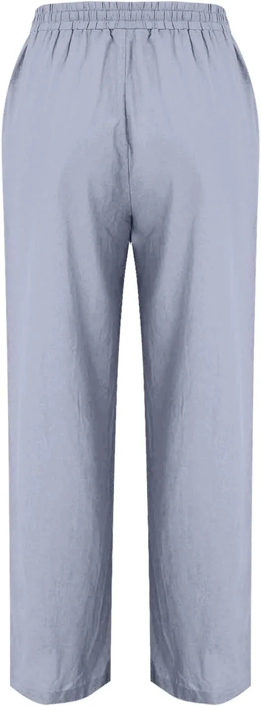 Women's Straight Leg Pants Cotton Linen Blend Casual Trousers with Tie Waist for Spring Solid Color High Waist 2025