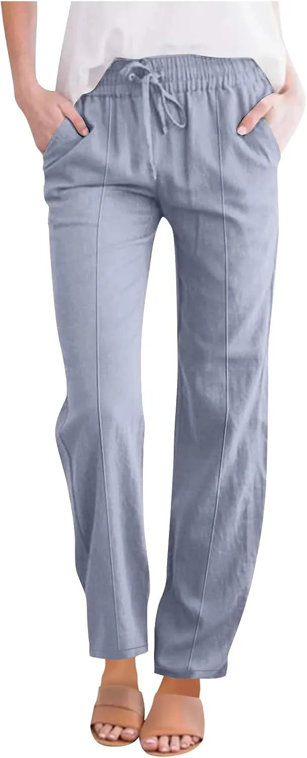 Women's Straight Leg Pants Cotton Linen Blend Casual Trousers with Tie Waist for Spring Solid Color High Waist 2025