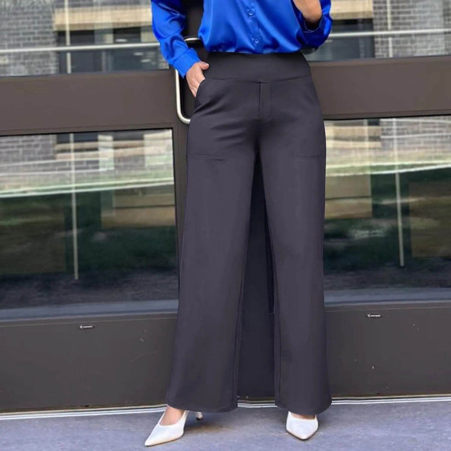 Women's Straight Leg Yoga Pants with Pockets High Waist Office Work Stretch Dress Pants Baggy Trouser Sweatpants