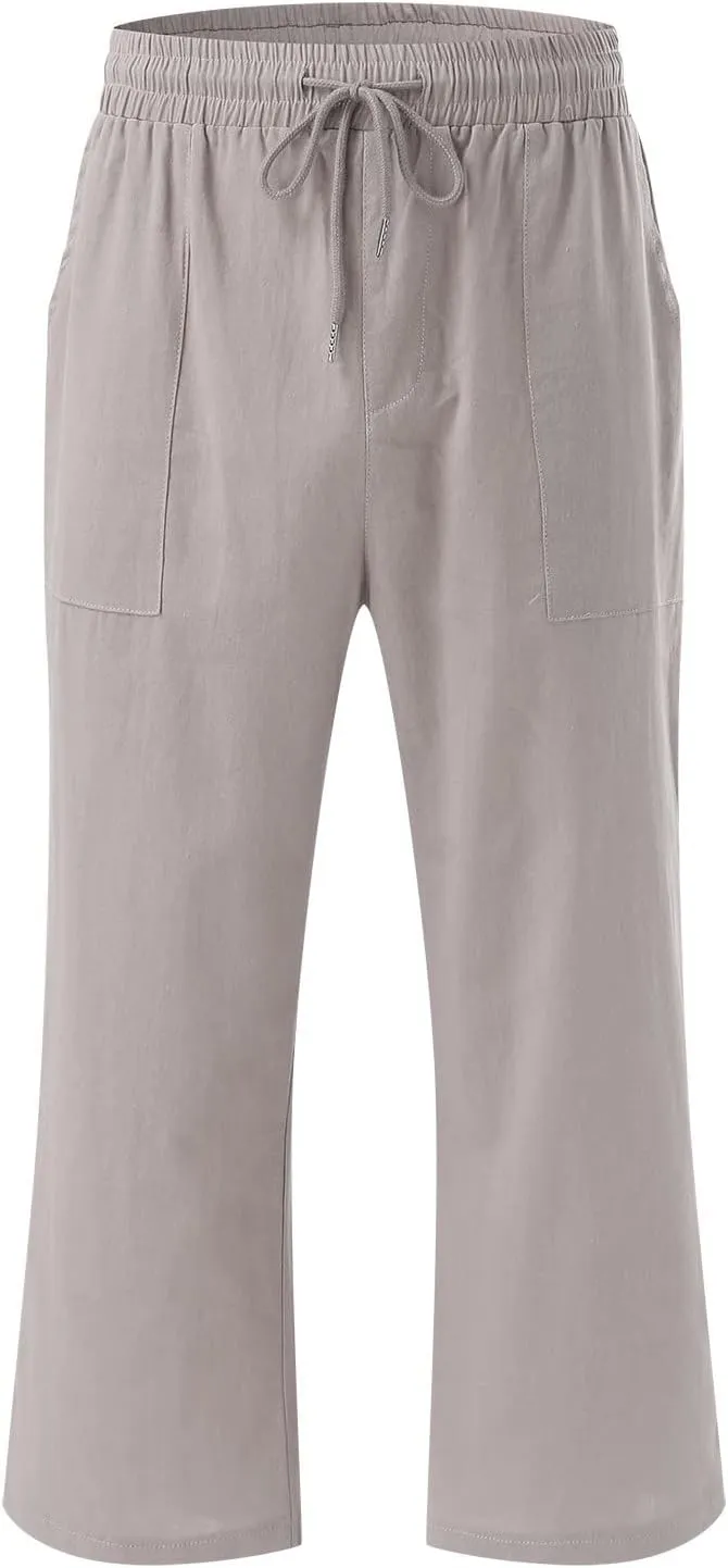 Womens Summer Casual Cotton Linen Capri Pants Drawstring Elastic Waist Wide Leg Trousers Beach Vacation Outfits