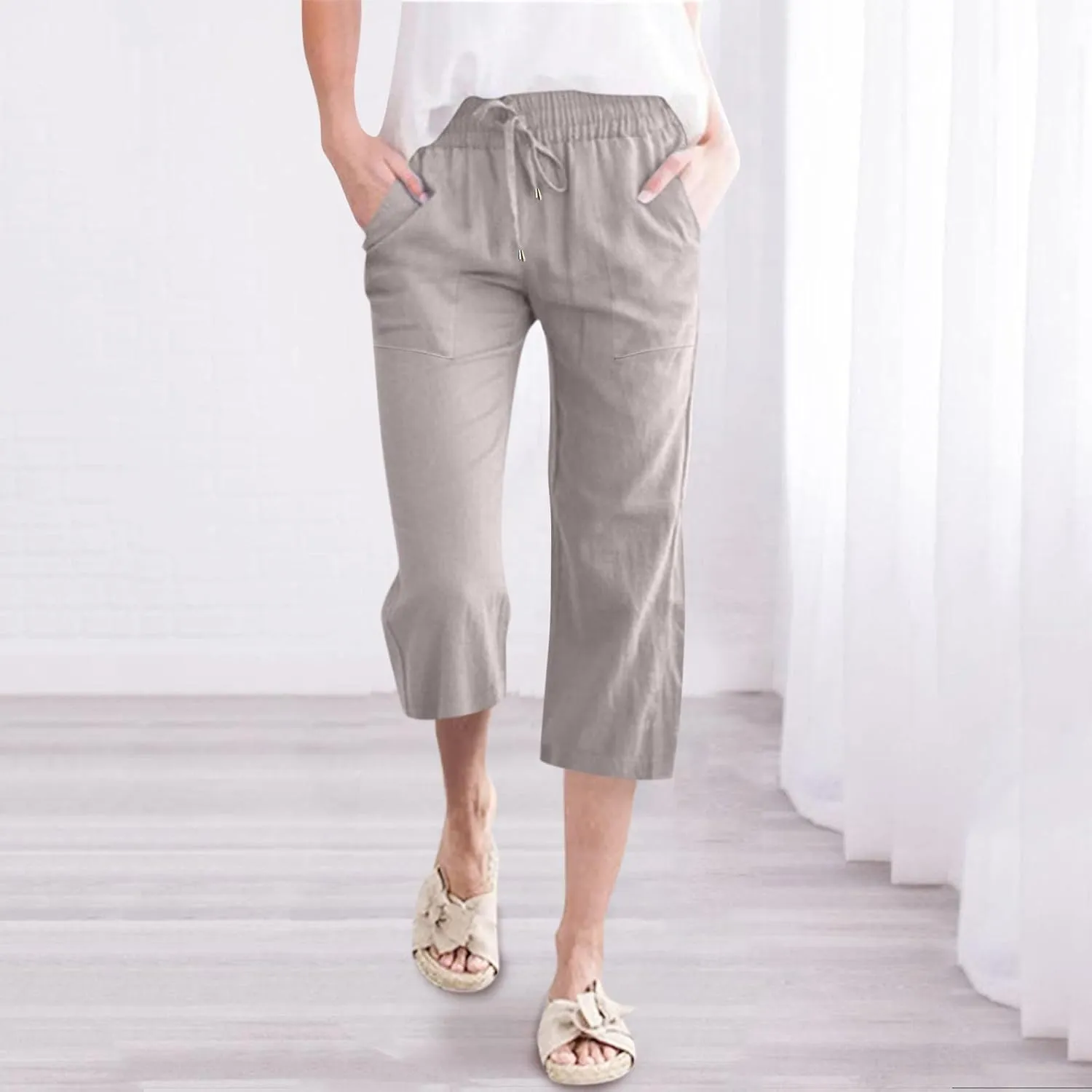 Womens Summer Casual Cotton Linen Capri Pants Drawstring Elastic Waist Wide Leg Trousers Beach Vacation Outfits