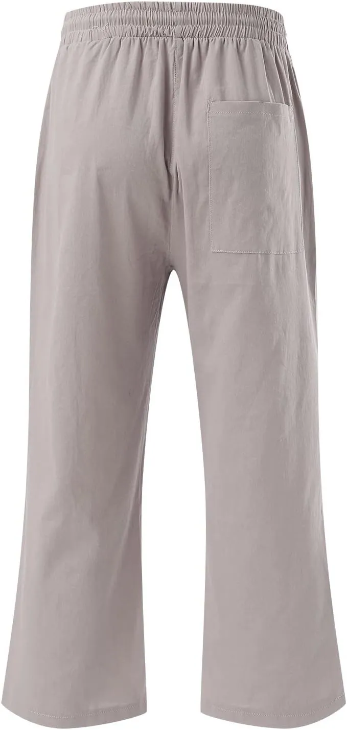 Womens Summer Casual Cotton Linen Capri Pants Drawstring Elastic Waist Wide Leg Trousers Beach Vacation Outfits