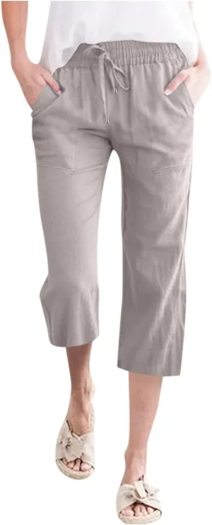 Womens Summer Casual Cotton Linen Capri Pants Drawstring Elastic Waist Wide Leg Trousers Beach Vacation Outfits