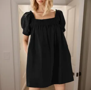 Womens Summer Casual Midi Dress Cotton Linen Short Sleeve Square Neck Pleated Beach Vacation Tunic Dress with Pocket