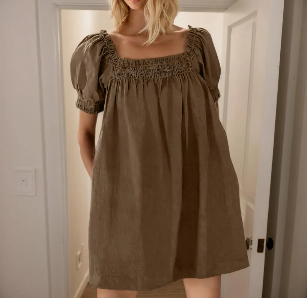 Womens Summer Casual Midi Dress Cotton Linen Short Sleeve Square Neck Pleated Beach Vacation Tunic Dress with Pocket