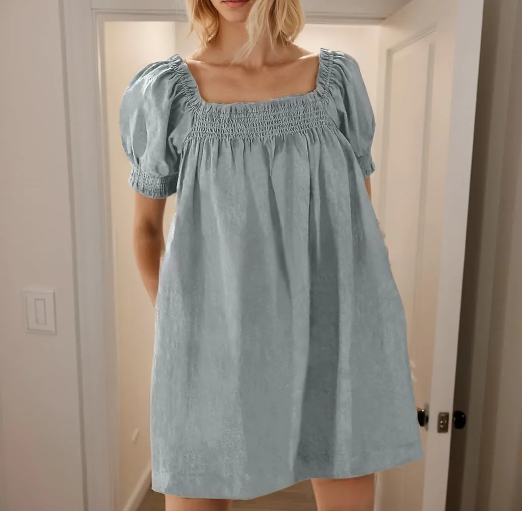 Womens Summer Casual Midi Dress Cotton Linen Short Sleeve Square Neck Pleated Beach Vacation Tunic Dress with Pocket