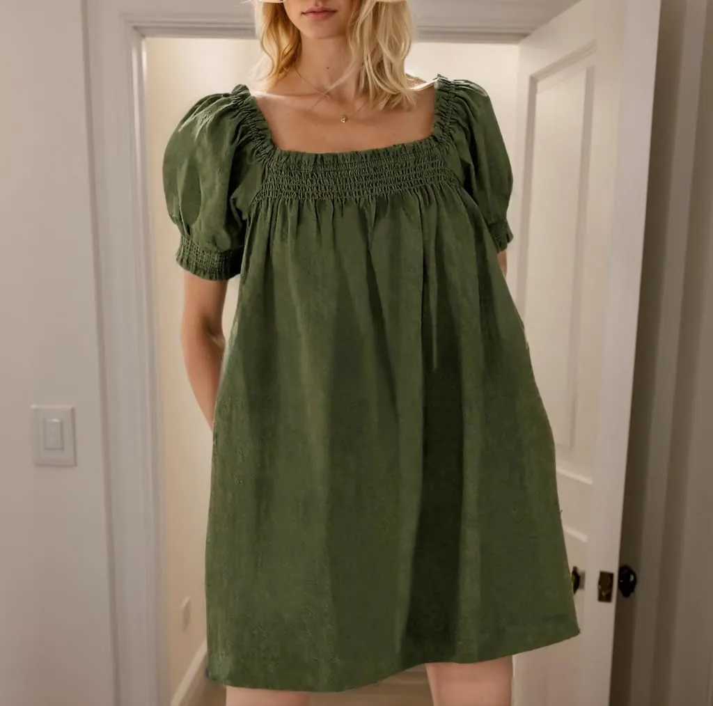 Womens Summer Casual Midi Dress Cotton Linen Short Sleeve Square Neck Pleated Beach Vacation Tunic Dress with Pocket