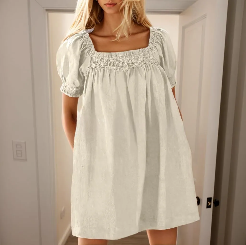 Womens Summer Casual Midi Dress Cotton Linen Short Sleeve Square Neck Pleated Beach Vacation Tunic Dress with Pocket