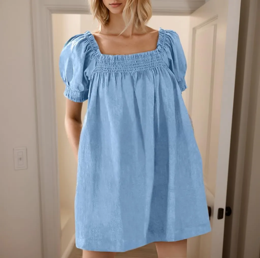 Womens Summer Casual Midi Dress Cotton Linen Short Sleeve Square Neck Pleated Beach Vacation Tunic Dress with Pocket