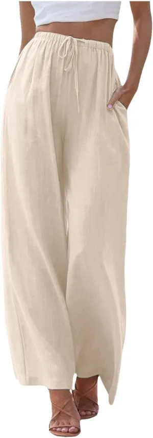 Women's Summer Cotton Linen Pants High Waist Drawstring Palazzo Pants Flowy Trousers Beach Bottom Lounge Pants with Pockets