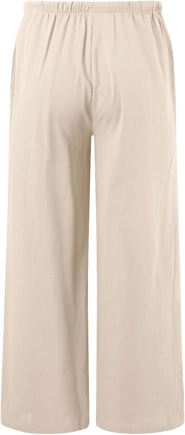Women's Summer Cotton Linen Pants High Waist Drawstring Palazzo Pants Flowy Trousers Beach Bottom Lounge Pants with Pockets