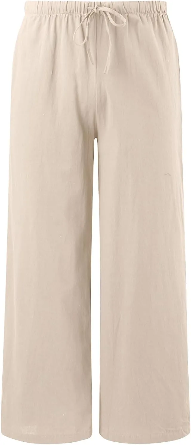Women's Summer Cotton Linen Pants High Waist Drawstring Palazzo Pants Flowy Trousers Beach Bottom Lounge Pants with Pockets