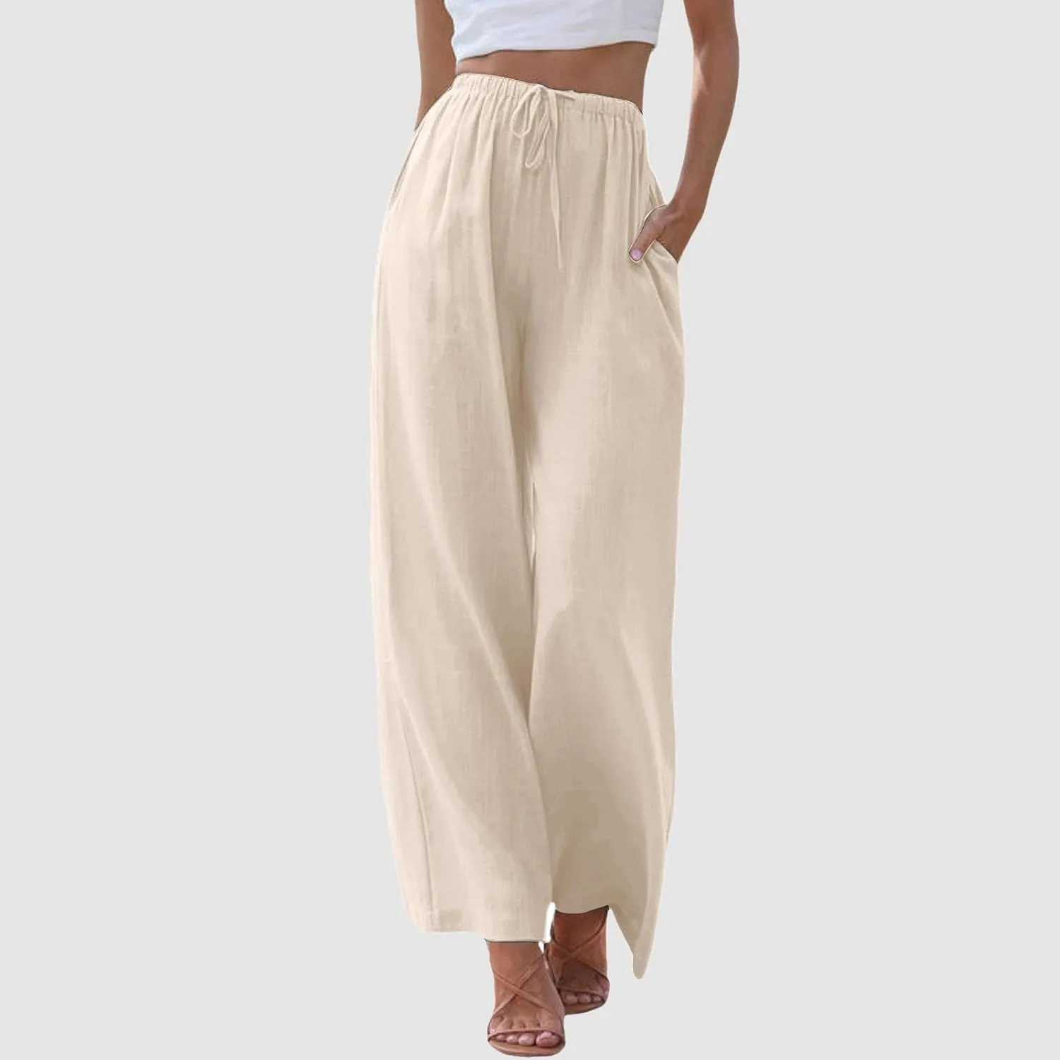 Women's Summer Cotton Linen Pants High Waist Drawstring Palazzo Pants Flowy Trousers Beach Bottom Lounge Pants with Pockets