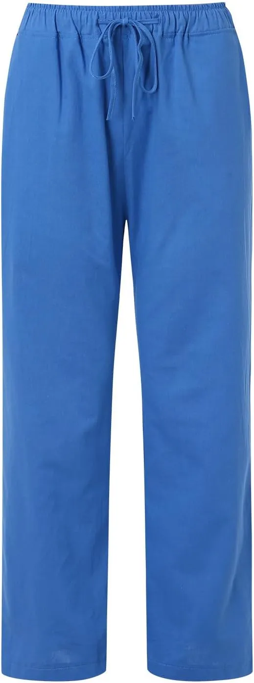 Women's Summer Cotton Linen Pants High Waist Drawstring Wide Leg Ruched Loose Palazzo Pants Lounge Pants Trousers with Pocket