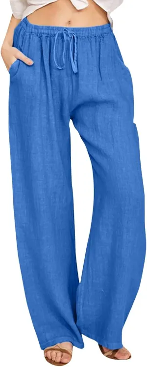 Women's Summer Cotton Linen Pants High Waist Drawstring Wide Leg Ruched Loose Palazzo Pants Lounge Pants Trousers with Pocket