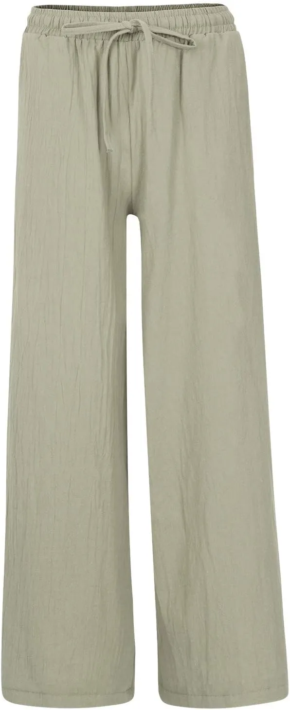 Women's Summer Drawstring Waist Wide Leg Loose Cotton Linen Palazzo Pants High Waisted 2025 Summer Lounge Trouser