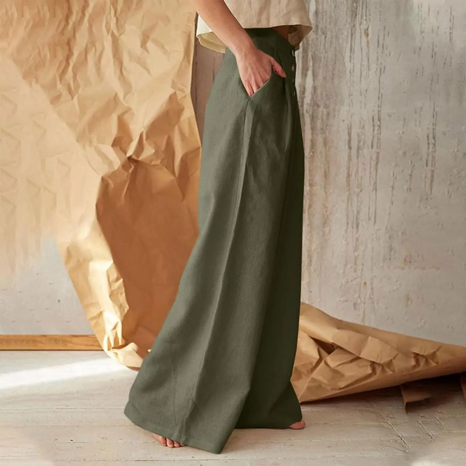 Women's Summer Drawstring Waist Wide Leg Loose Cotton Linen Palazzo Pants High Waisted 2025 Summer Lounge Trouser