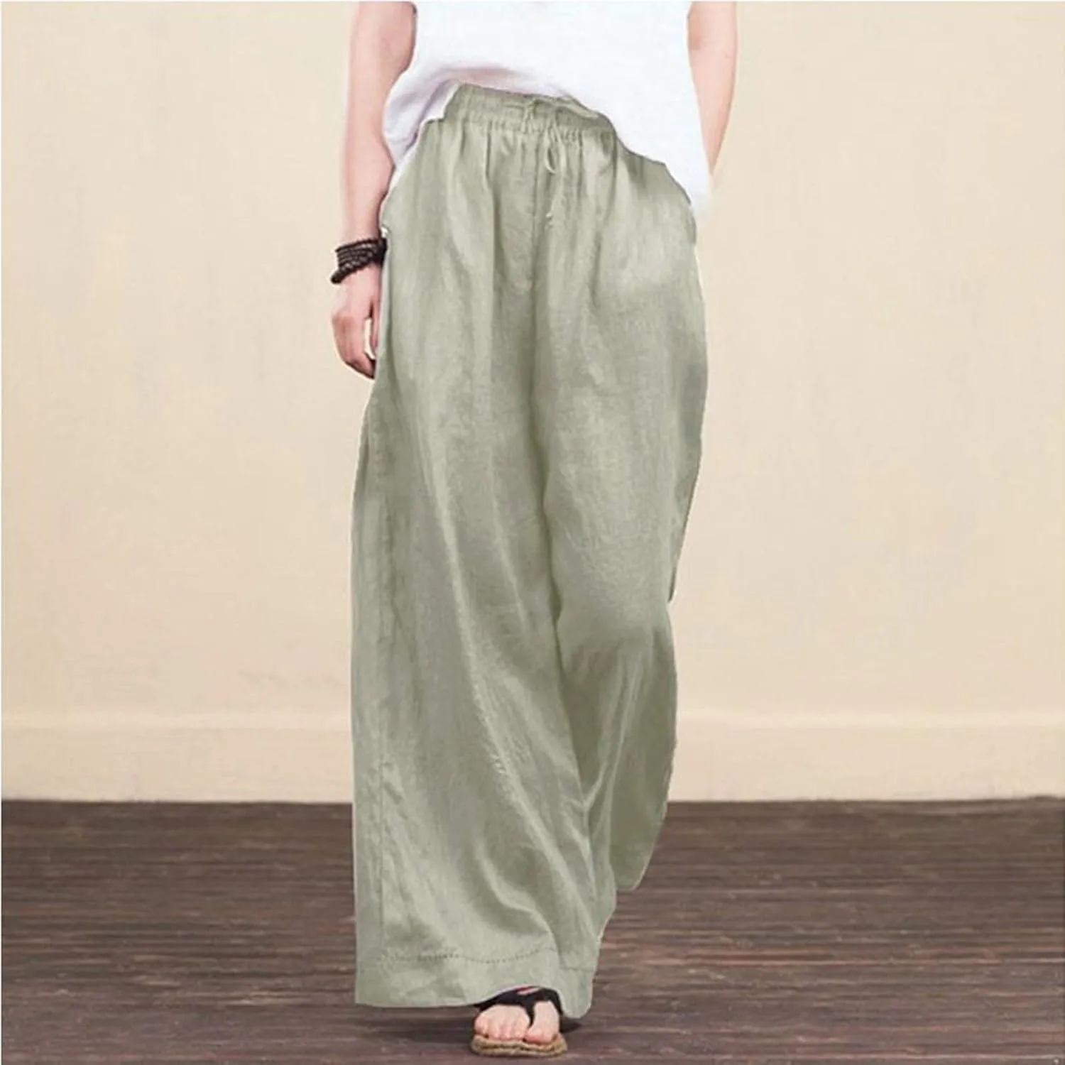 Women's Summer Drawstring Waist Wide Leg Loose Cotton Linen Palazzo Pants High Waisted 2025 Summer Lounge Trouser