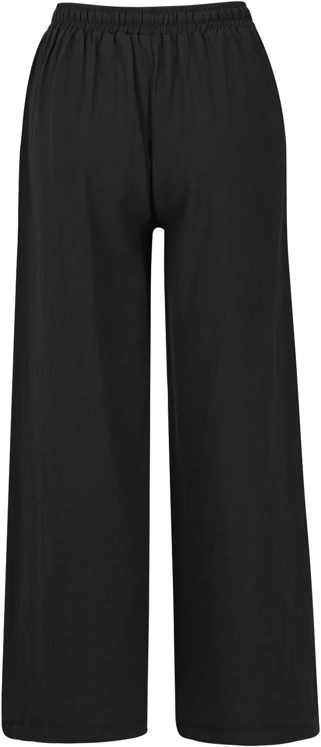 Women's Summer Drawstring Waist Wide Leg Loose Cotton Linen Palazzo Pants High Waisted 2025 Summer Lounge Trouser