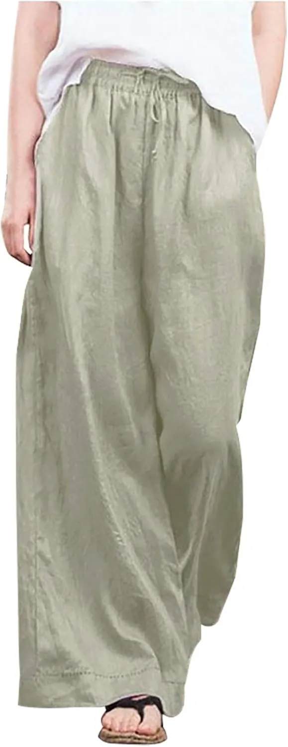 Women's Summer Drawstring Waist Wide Leg Loose Cotton Linen Palazzo Pants High Waisted 2025 Summer Lounge Trouser