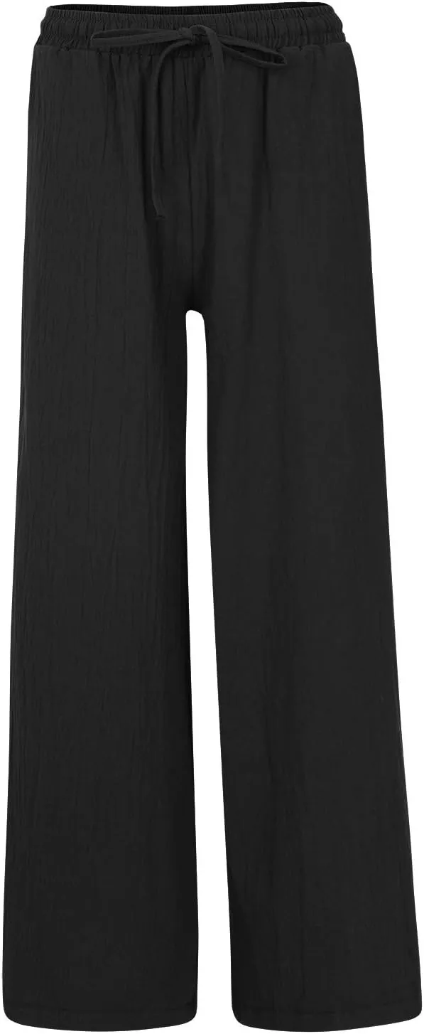 Women's Summer Drawstring Waist Wide Leg Loose Cotton Linen Palazzo Pants High Waisted 2025 Summer Lounge Trouser