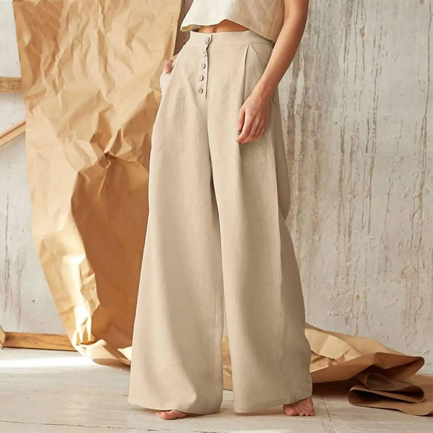 Women's Summer Drawstring Waist Wide Leg Loose Cotton Linen Palazzo Pants High Waisted 2025 Summer Lounge Trouser