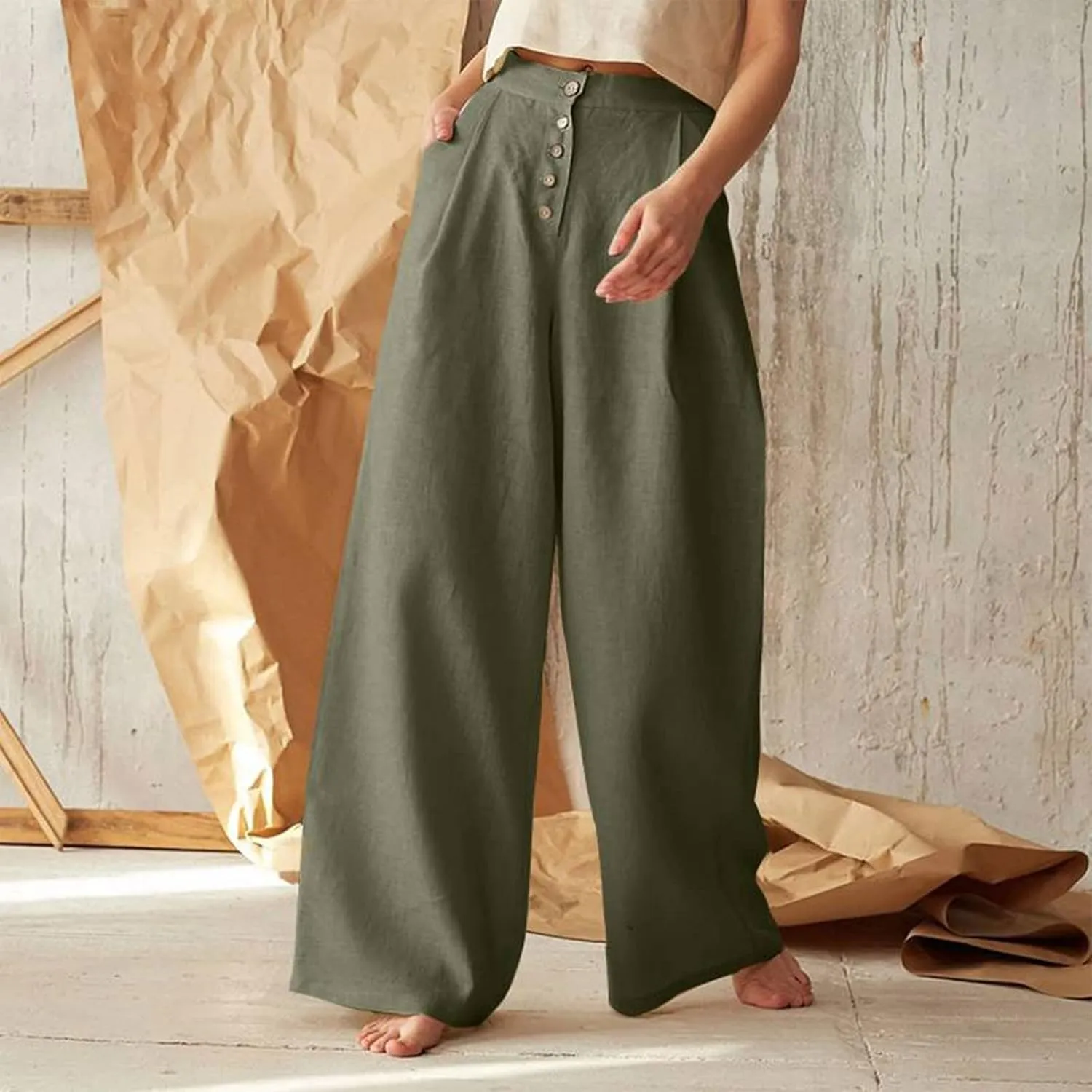 Women's Summer Drawstring Waist Wide Leg Loose Cotton Linen Palazzo Pants High Waisted 2025 Summer Lounge Trouser
