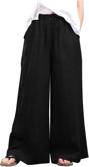 Women's Summer Drawstring Waist Wide Leg Loose Cotton Linen Palazzo Pants High Waisted 2025 Summer Lounge Trouser