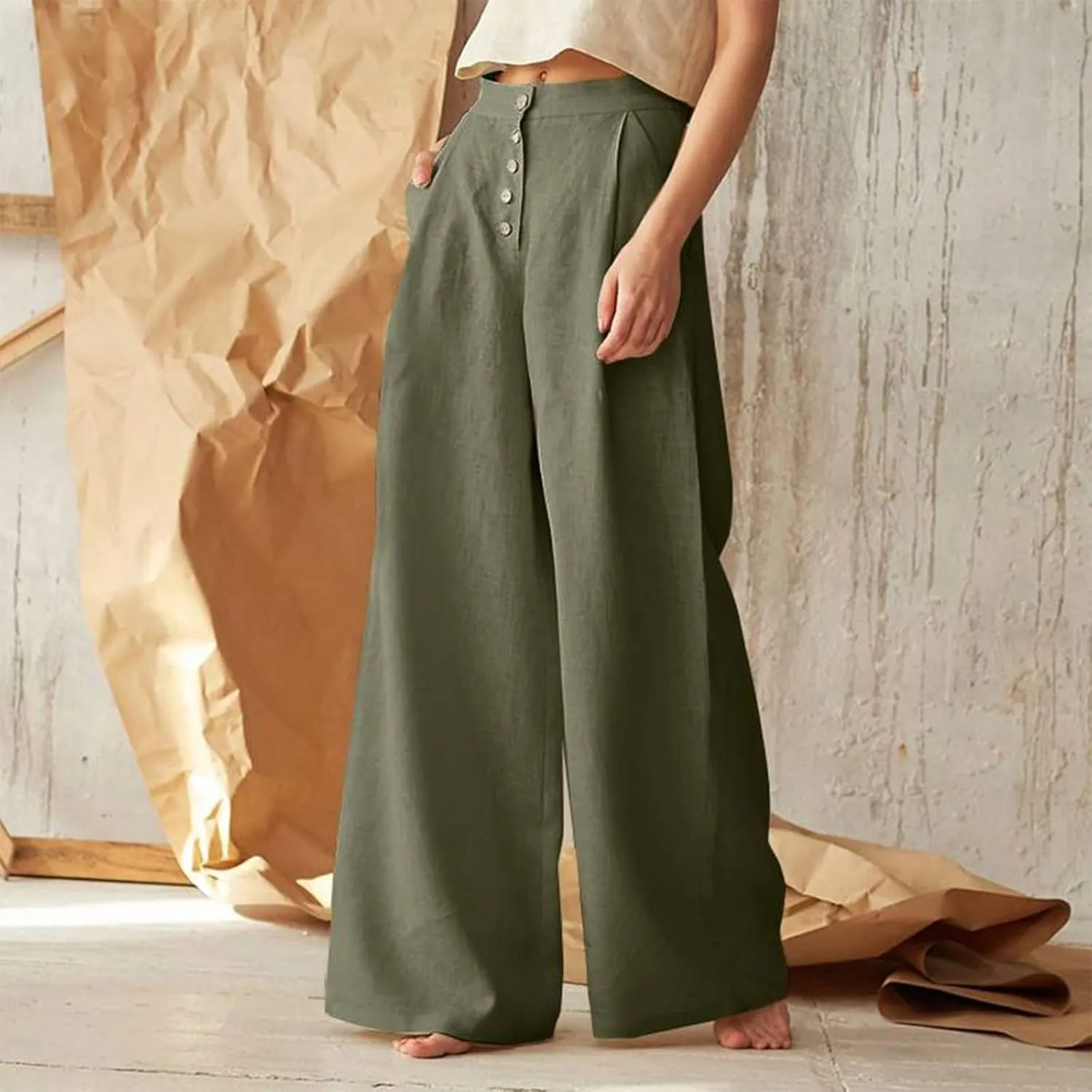 Women's Summer Drawstring Waist Wide Leg Loose Cotton Linen Palazzo Pants High Waisted 2025 Summer Lounge Trouser