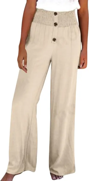 Womens Summer Linen Palazzo Pants Lounge Loose High Waist Trousers Solid Color Comfy Pants 2025 Trendy Casual Joggers