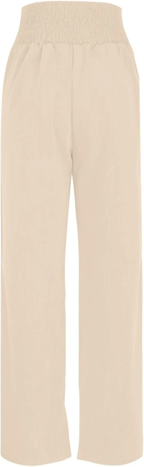 Womens Summer Linen Palazzo Pants Lounge Loose High Waist Trousers Solid Color Comfy Pants 2025 Trendy Casual Joggers