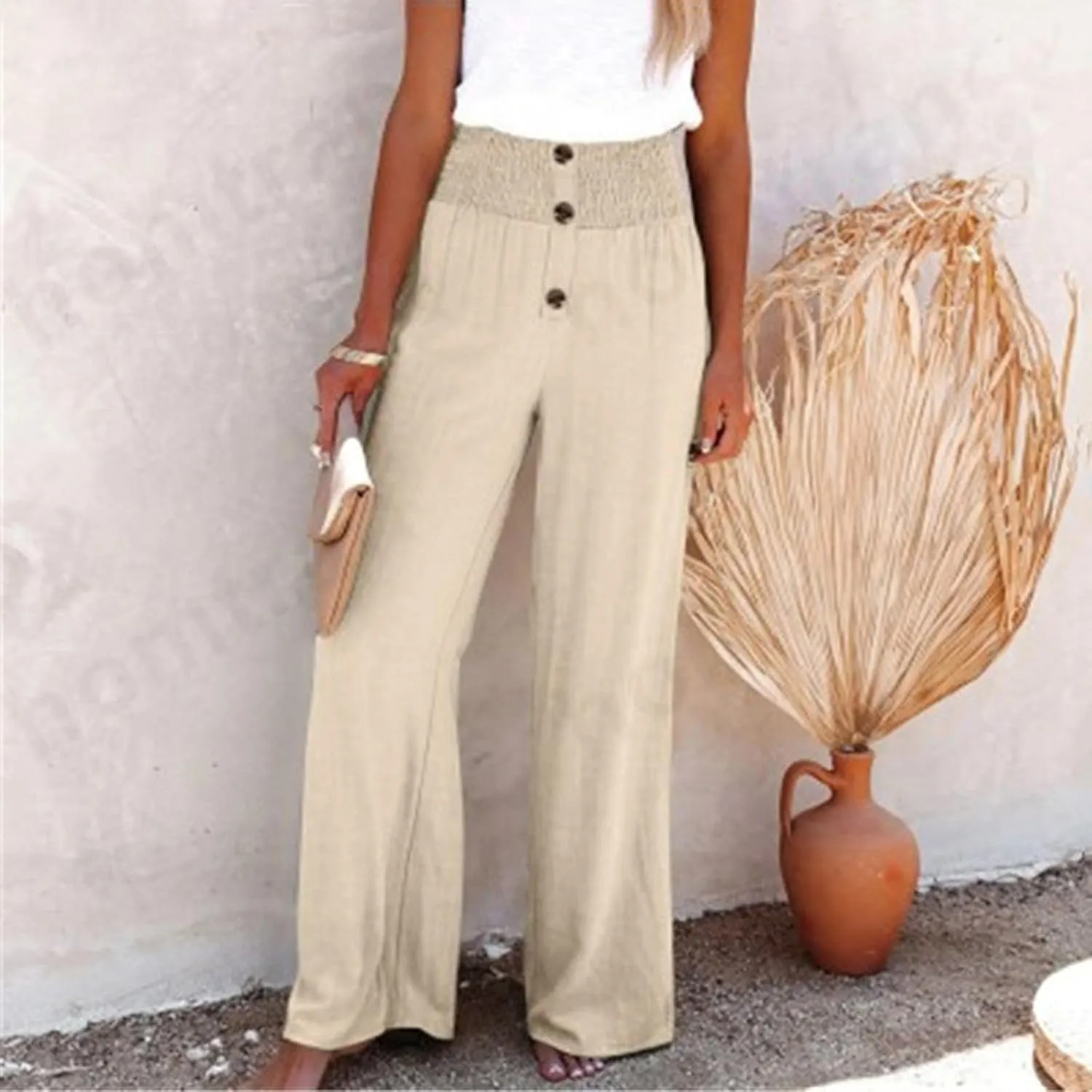 Womens Summer Linen Palazzo Pants Lounge Loose High Waist Trousers Solid Color Comfy Pants 2025 Trendy Casual Joggers