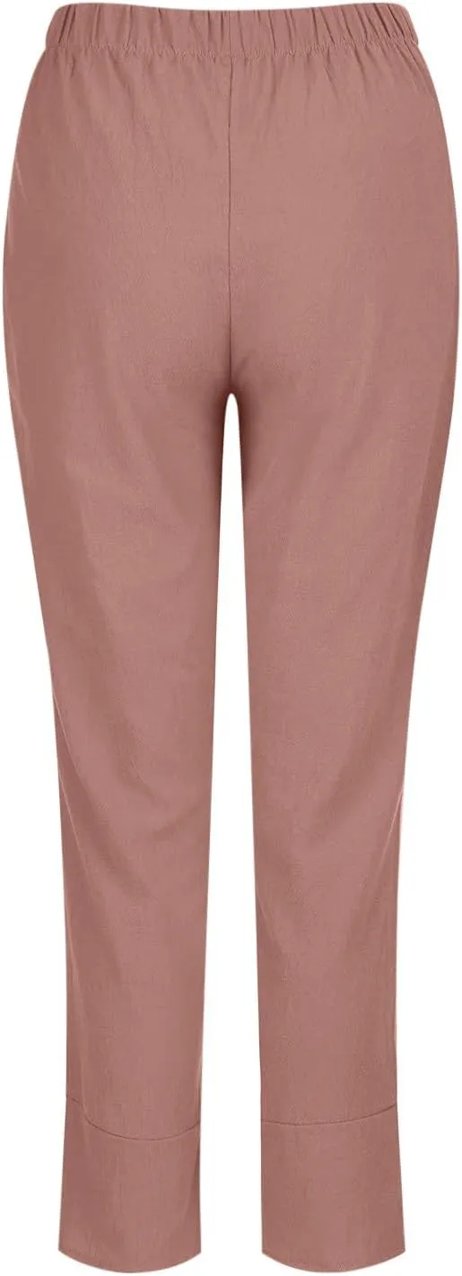 Womens Summer Pants Cotton Linen Wide Leg Harem Trousers Casual Loose Fit Flowy Elastic Waist Palazzo with Pockets