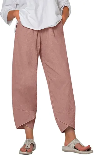 Womens Summer Pants Cotton Linen Wide Leg Harem Trousers Casual Loose Fit Flowy Elastic Waist Palazzo with Pockets
